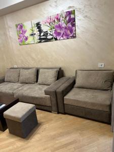 sala de estar con sofá y 2 pinturas en la pared en Comfortable apartment in center, en Ereván