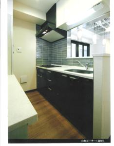 a kitchen with black cabinets and a sink at Hotel Palace Japan in Tokyo