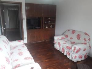 uma sala de estar com um sofá e uma cadeira em Apartamento Serra da Canastra com garagem em Piuí