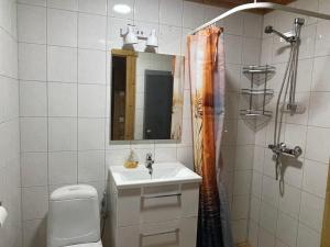 Un baño con lavabo, inodoro y espejo. en Villa Saimaa, en Vuoriniemi 53 fotos más