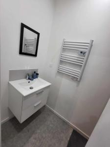 La salle de bains blanche est pourvue d'un lavabo et d'un miroir. dans l'établissement Place du Canada 2, à Valenciennes