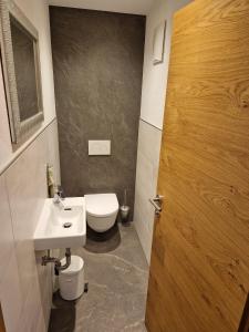 een badkamer met een toilet, een wastafel en een deur bij Gern Mountain Living Ferienhaus Deutschmann in Sankt Johann im Pongau