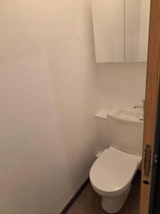 La salle de bains est pourvue de toilettes blanches et d'un miroir. dans l'établissement Joli Studio proche funiculaire, à Bourg-Saint-Maurice