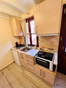 a small kitchen with a stove and a sink at Kleanthi and Kostas Studios in Symi