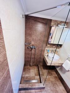 een badkamer met een douche en een wastafel bij Kleanthi and Kostas Studios in Symi
