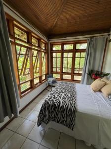 a bedroom with a zebra print bed in a room with windows at Casa da árvore em Paúba . in São Sebastião
