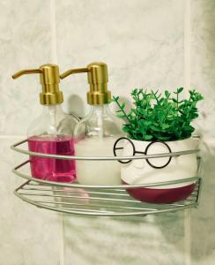 a bathroom shelf with two bottles and a plant at Apartments Vladika - Oldtown in Novi Sad