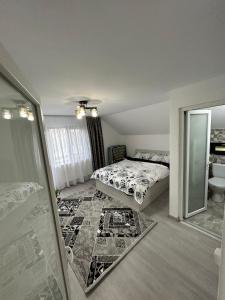 a bedroom with two beds and a mirror at Casa Berbec2 in Dealul Viei