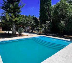 a blue swimming pool in a yard with trees at Villa Santa Julia in Oaxaca City