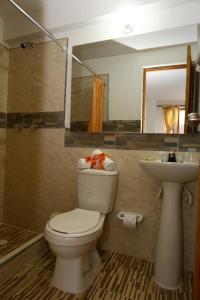 La salle de bains est pourvue de toilettes, d'un lavabo et d'un miroir. dans l'établissement Casa Cantabria Hotel, à Villa de Leyva