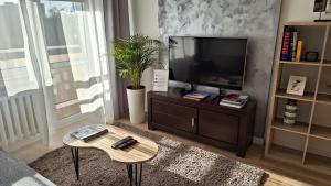a living room with a tv and a coffee table at Apartament Krasiczyńska in Warsaw
