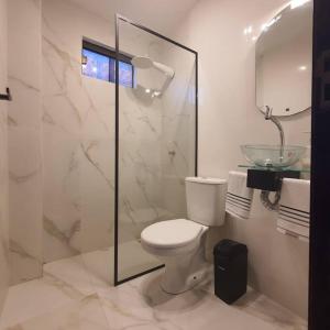 een badkamer met een toilet en een glazen douche bij Apartamento nuevo, Asunción. in Asuncion