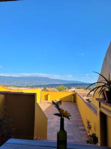 a vase of flowers in a bottle on a balcony at Casa Cantabria Hotel in Villa de Leyva