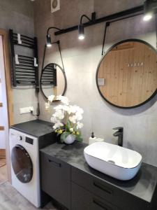 a bathroom with a sink and a washing machine at Górski szafir in Jaworki