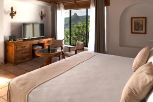 迪坡斯特兰Posada del Tepozteco - Hotel & Gallery的一间带大床和电视的卧室