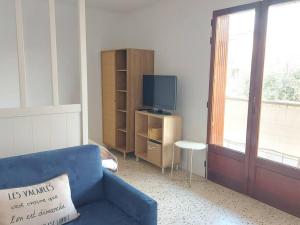 ein Wohnzimmer mit einem blauen Sofa und einem TV in der Unterkunft Le Moth Marseillan in Marseillan