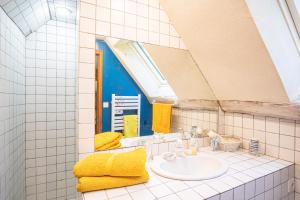 ein Bad mit einem Waschbecken und einem Spiegel in der Unterkunft Domaine Moulin de Boiscorde in Rémalard