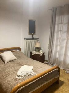 a bedroom with a bed and a table with a lamp at Apartment with Garden in Tragána