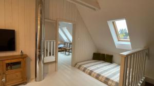 a attic room with a bed and a tv at Izerína Cottage in Horní Maxov