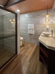Aninga Lodge في تورتوجويرو: حمام مع حوض ودش زجاجي