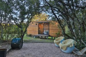 a small cabin in the woods with a bench and trees at Pousada Refúgio Araçá in Morro Redondo