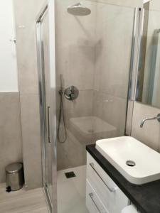 y baño con ducha y lavamanos. en Appartamento comodo per Milano e Rho Fiera, en Milán