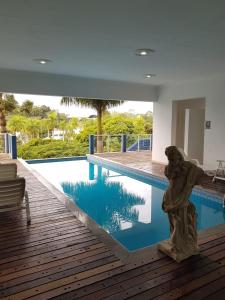 a swimming pool with a statue sitting on a wooden deck at Hotel Colonial in Cajati