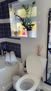 a bathroom with a toilet and a tub and a window at Stay in Woking with Chidi in Horsell