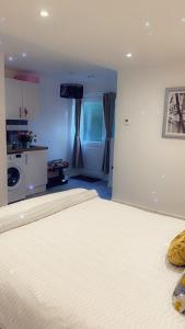 a bedroom with a large bed and a kitchen at Stay in Woking with Chidi in Horsell