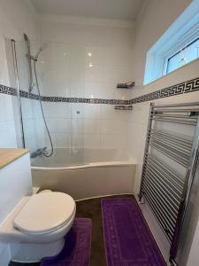 a bathroom with a toilet and a bath tub at 2 Bedroom flat in Leicester Square in London