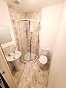uma casa de banho com um chuveiro, um WC e um lavatório. em Stunning Spacious One Bedroom Haven em Wyken