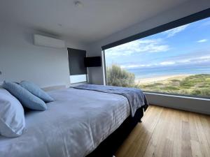 a bedroom with a large window with a large bed at Three Little Birds at Freycinet in Coles Bay