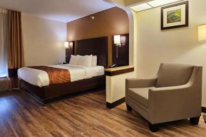 a hotel room with a bed and a chair at Quality Inn & Suites near St Louis and I-255 in Cahokia