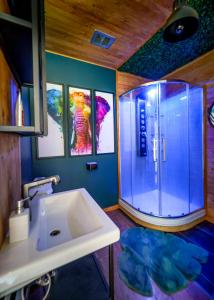 a bathroom with a shower and a white sink at Le Refuge du Repaire in Saint-Alexis-des-Monts