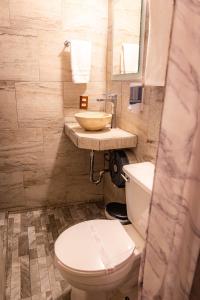La salle de bains est pourvue de toilettes blanches et d'un lavabo. dans l'établissement Hotel Estefania, à Morelia