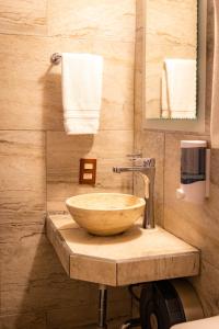 La salle de bains est pourvue d'un lavabo sur un comptoir. dans l'établissement Hotel Estefania, à Morelia