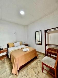 a bedroom with a large bed and a chair at Fitzcarrald Hotel in Iquitos