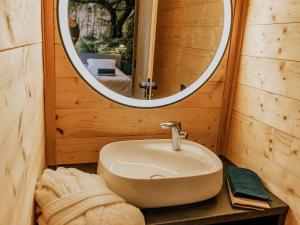 Kúpeľňa v ubytovaní Lodge avec bain à remous privatif, piscine, salle de sport et aire de jeux au bord du golf de Chambon - FR-1-582-370