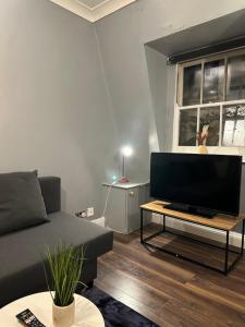 a living room with a couch and a flat screen tv at 1 bedroom in kingscross, St Pancras, London in London