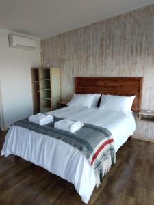 1 dormitorio con 1 cama grande y 2 almohadas en Lodge Puerto Koupo, en Carahuo