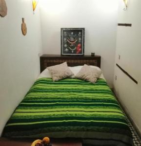 a bedroom with a bed with a green blanket at Hostel riad Dar lala sofia in Fez