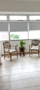 two chairs and a plant in a room with windows at Departamento sobre la costanera in Corrientes