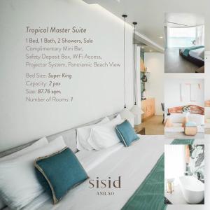 een collage van een slaapkamer met een bed met blauwe kussens bij Sisid Anilao Resort in Mabini