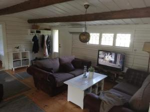 a living room with a couch and a tv at Holiday home Skutskär in Älvkarleby