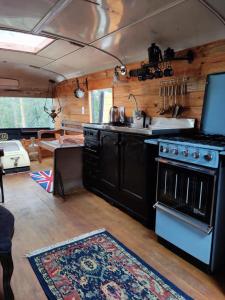 uma cozinha com um fogão e um tapete no chão em Routemaster em Gramado