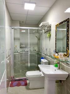 a bathroom with a shower and a toilet and a sink at Cat Ba Central Homestay in Cat Ba