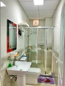 a bathroom with a shower and a toilet and a sink at Cat Ba Central Homestay in Cat Ba