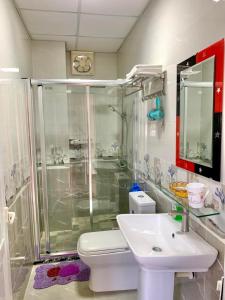 a bathroom with a shower and a toilet and a sink at Cat Ba Central Homestay in Cat Ba