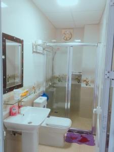 y baño con ducha, aseo y lavamanos. en Cat Ba Central Homestay en Cat Ba