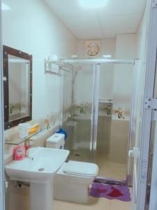 a bathroom with a shower and a toilet and a sink at Cat Ba Central Homestay in Cat Ba